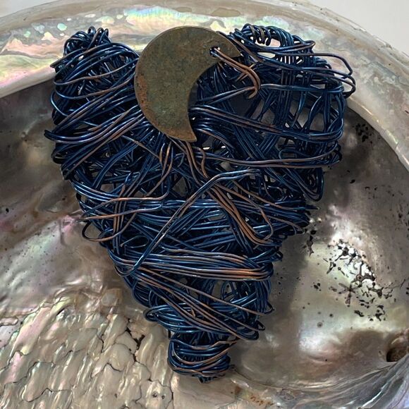 Handmade Wire Wrapped Heart & Moon Brooch Pin Blue Copper Artisan Jewelry Unique - Picture 7 of 11